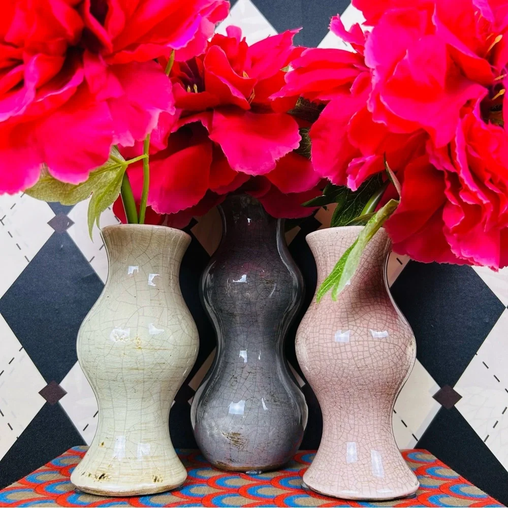 Studio Pottery Trio Bud Vases Crackle Glaze Sculptural| Vintage Luxury Set of 3 - Picture 7 of 16